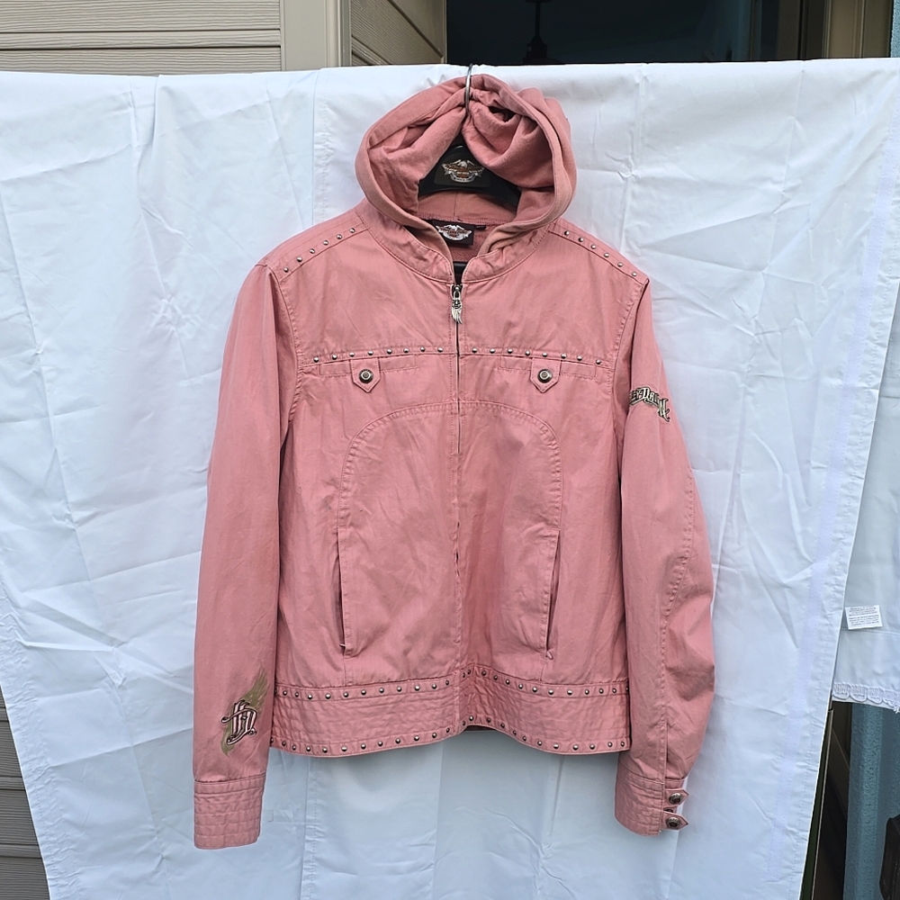 Harley Davidson pink jean jacket w/pink vest hoodie XL wm